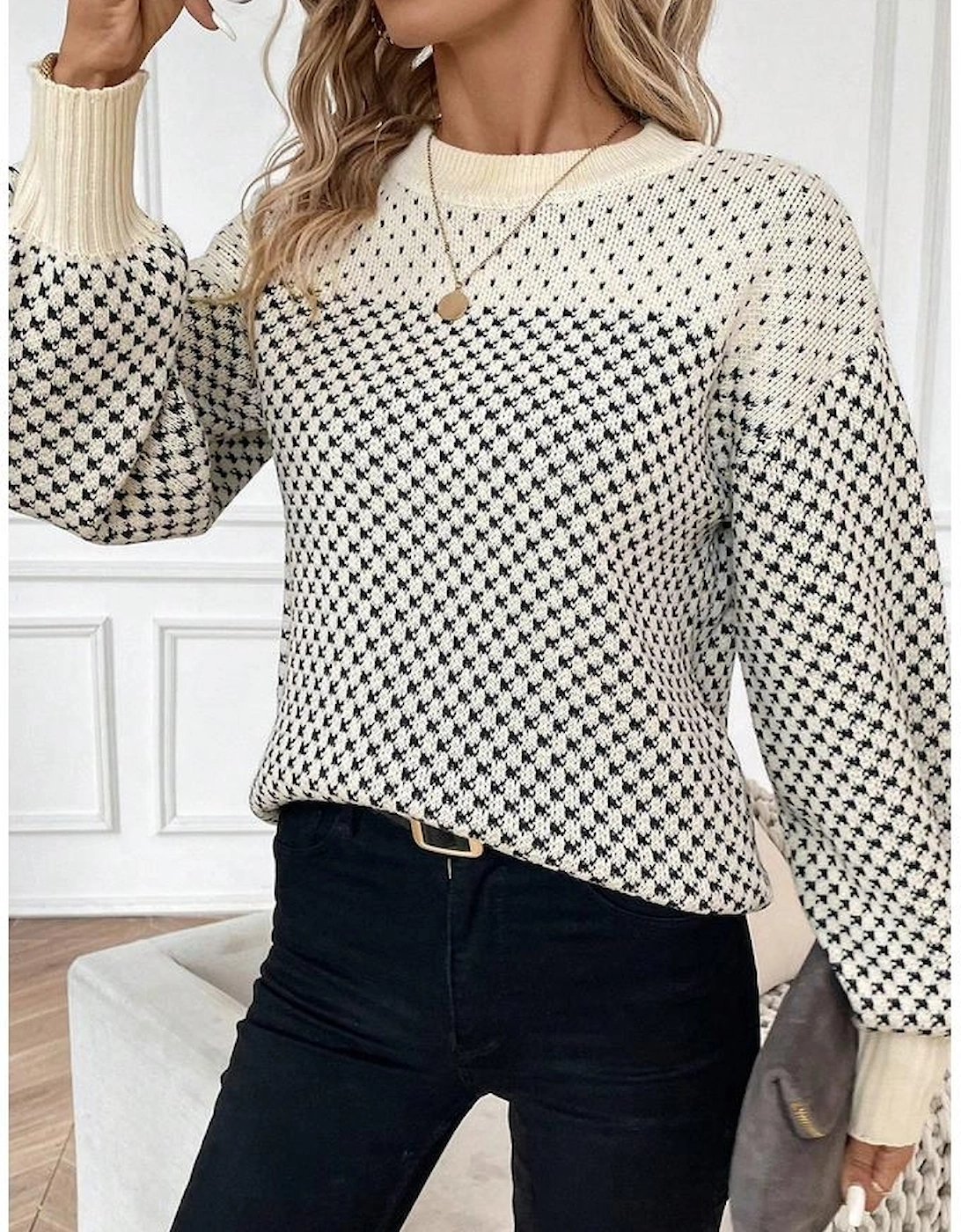 Black Contrast Color Pattern Lantern Sleeve Sweater