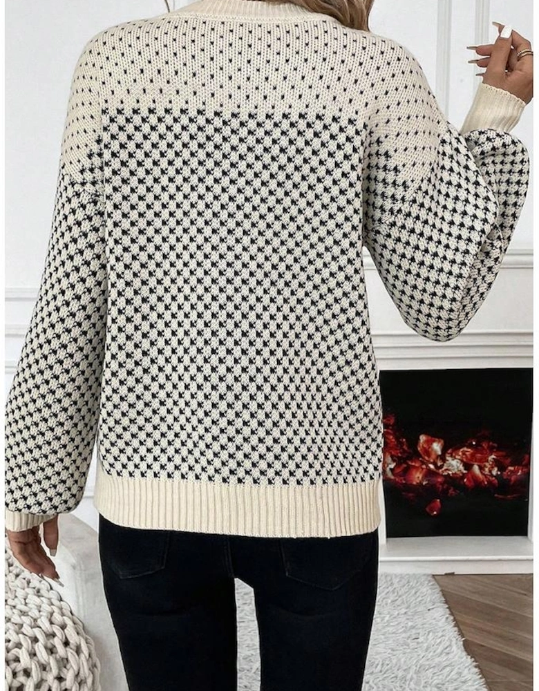 Black Contrast Color Pattern Lantern Sleeve Sweater