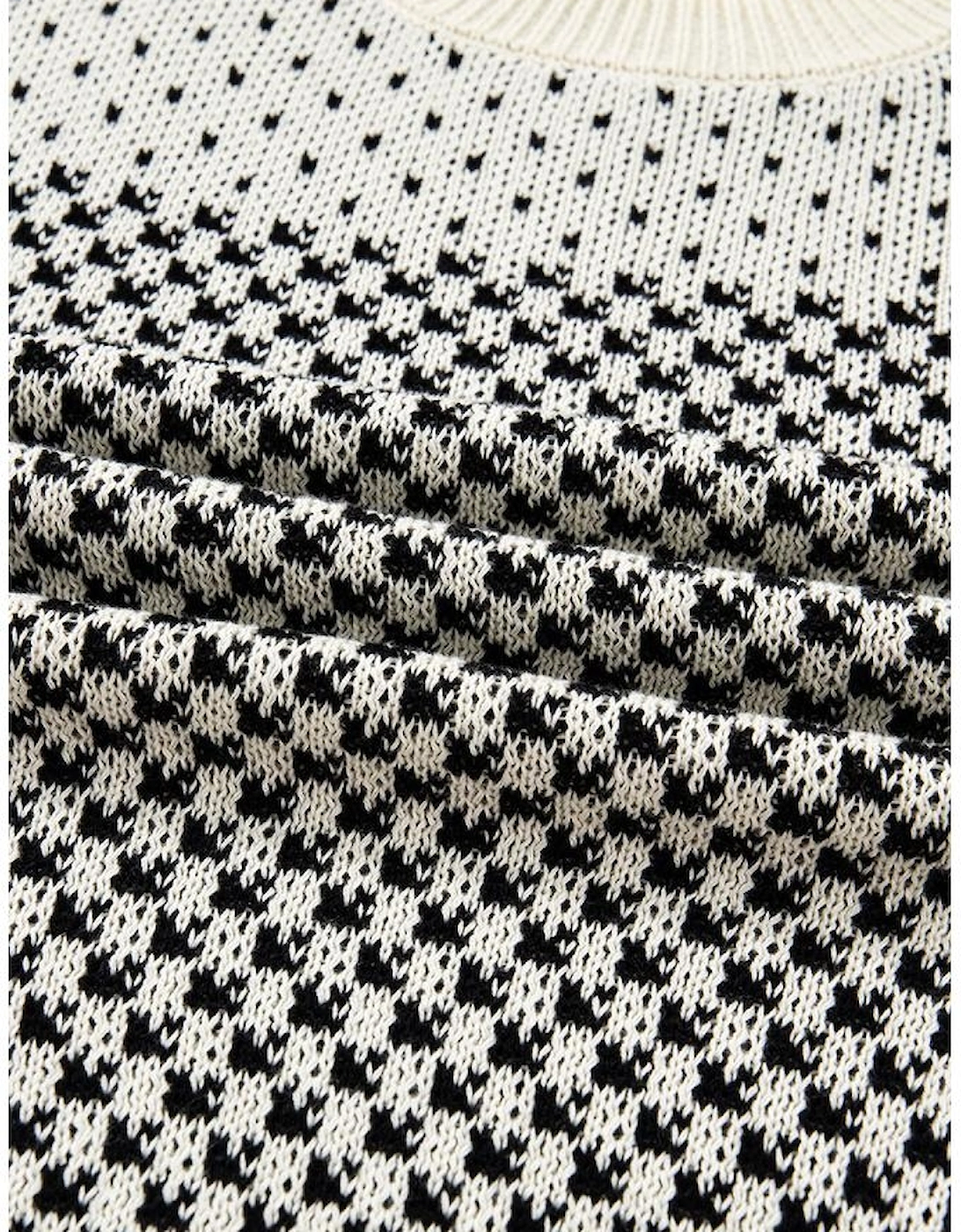 Black Contrast Color Pattern Lantern Sleeve Sweater