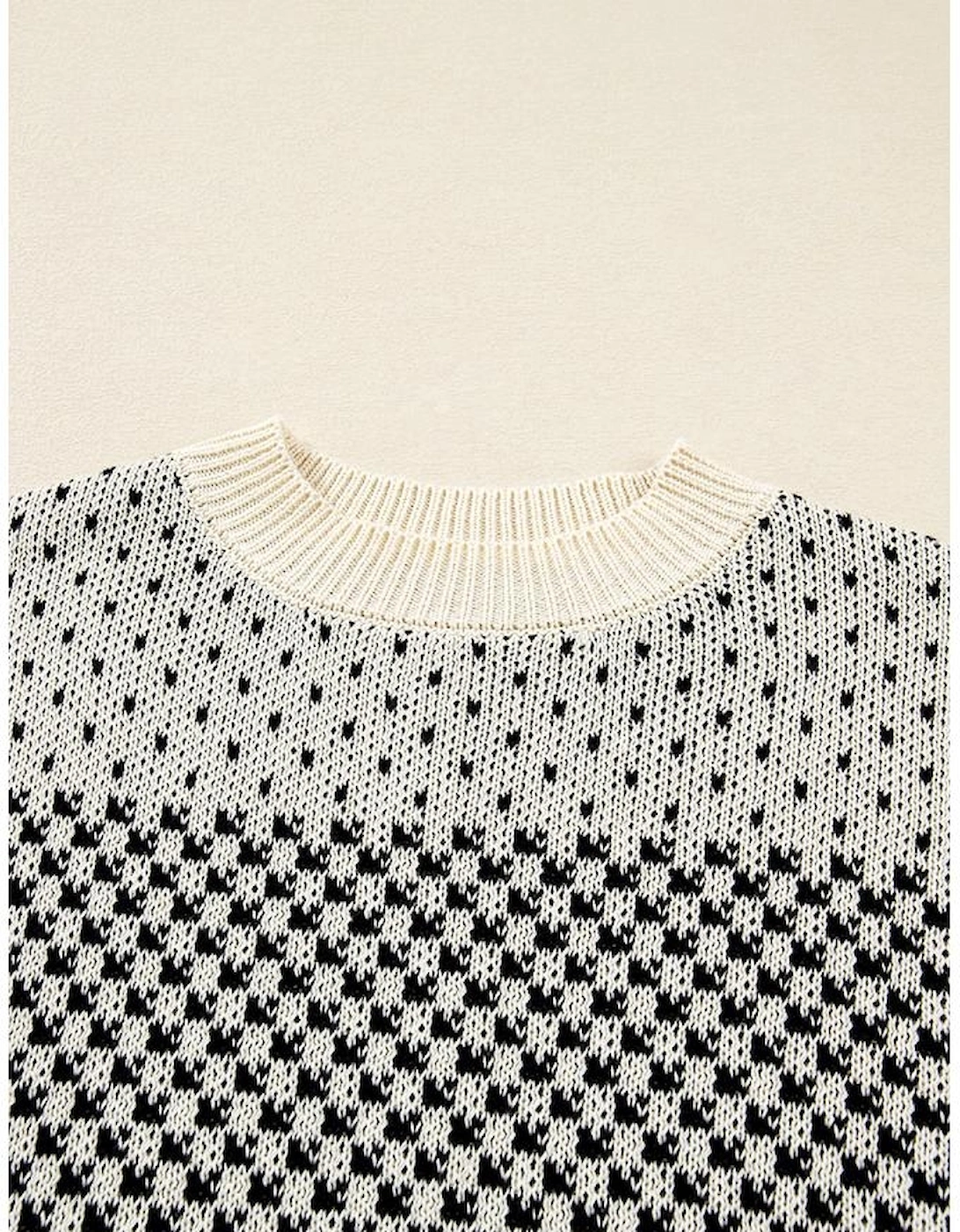 Black Contrast Color Pattern Lantern Sleeve Sweater