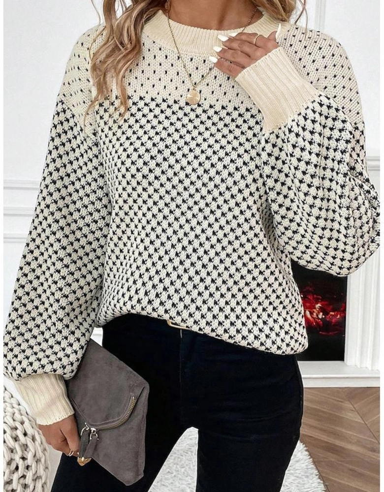 Black Contrast Color Pattern Lantern Sleeve Sweater