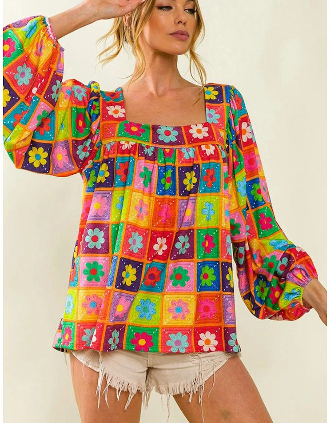 Multicolor Floral Crochet Square Neck Puff Sleeve Blouse, 10 of 9