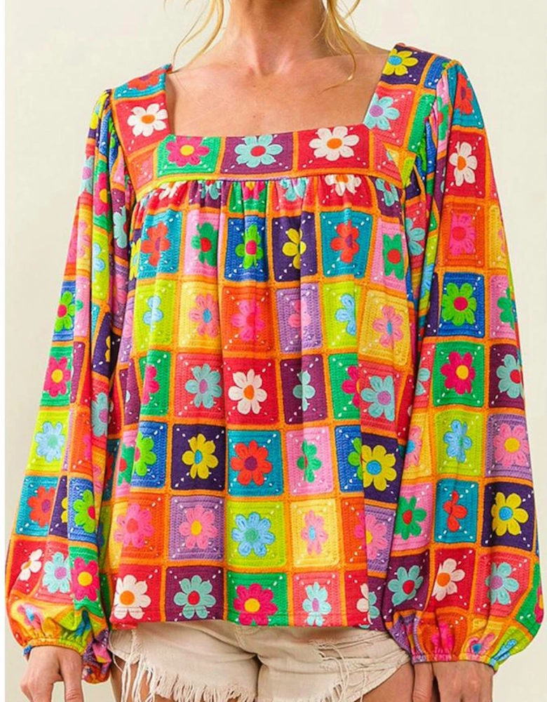 Multicolor Floral Crochet Square Neck Puff Sleeve Blouse