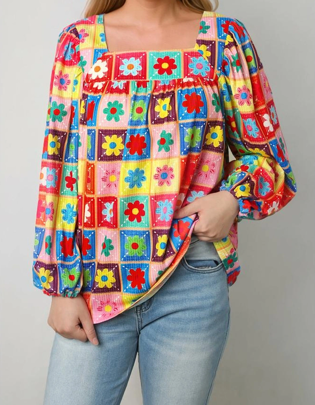Multicolor Floral Crochet Square Neck Puff Sleeve Blouse