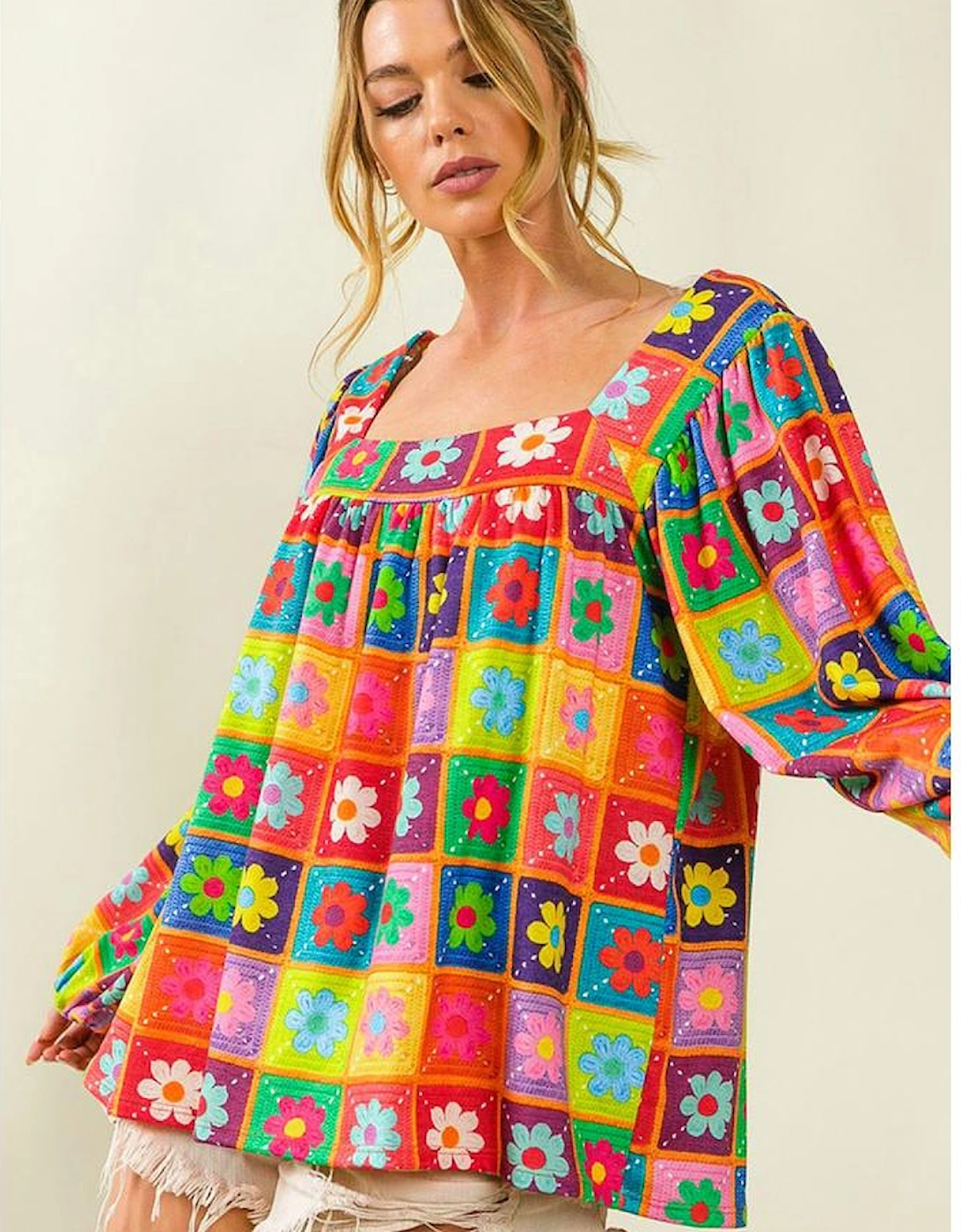 Multicolor Floral Crochet Square Neck Puff Sleeve Blouse