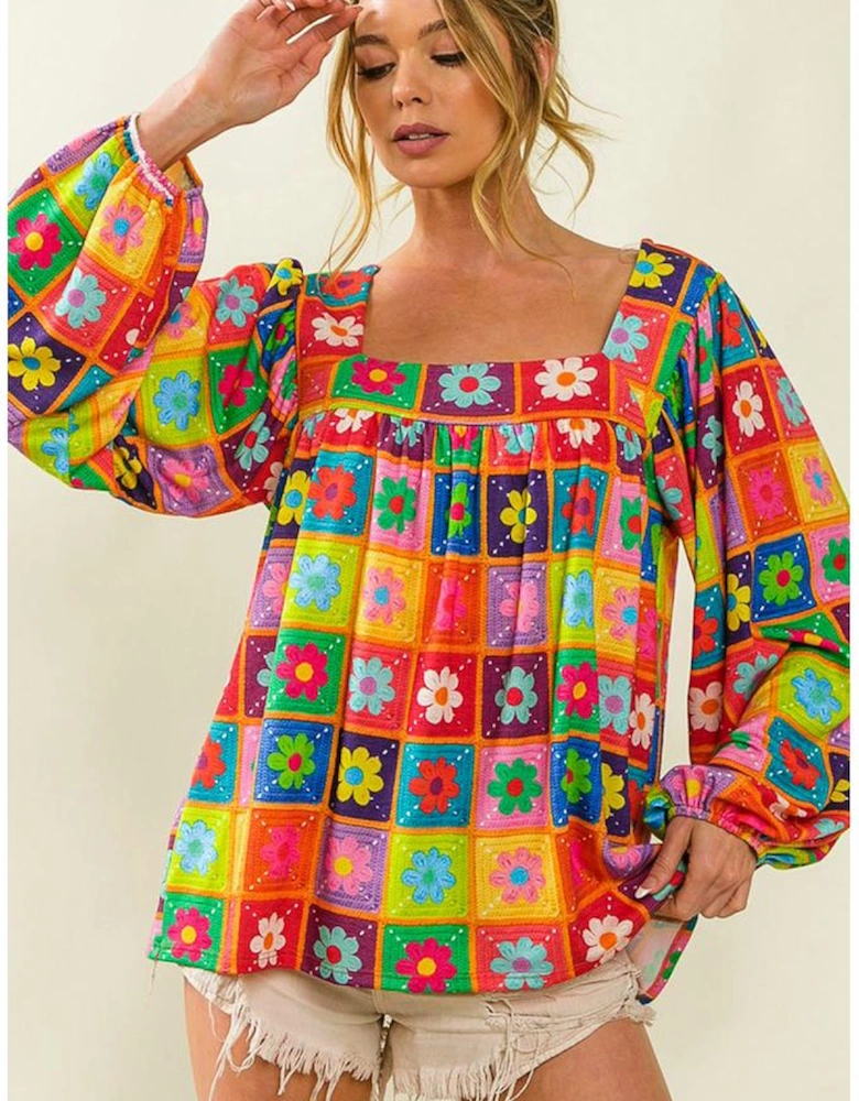 Multicolor Floral Crochet Square Neck Puff Sleeve Blouse