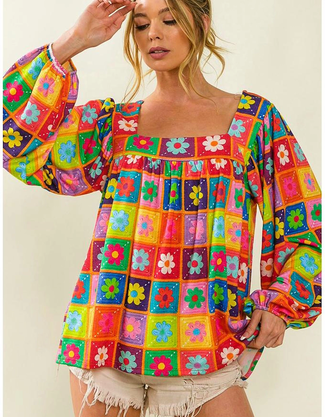 Multicolor Floral Crochet Square Neck Puff Sleeve Blouse