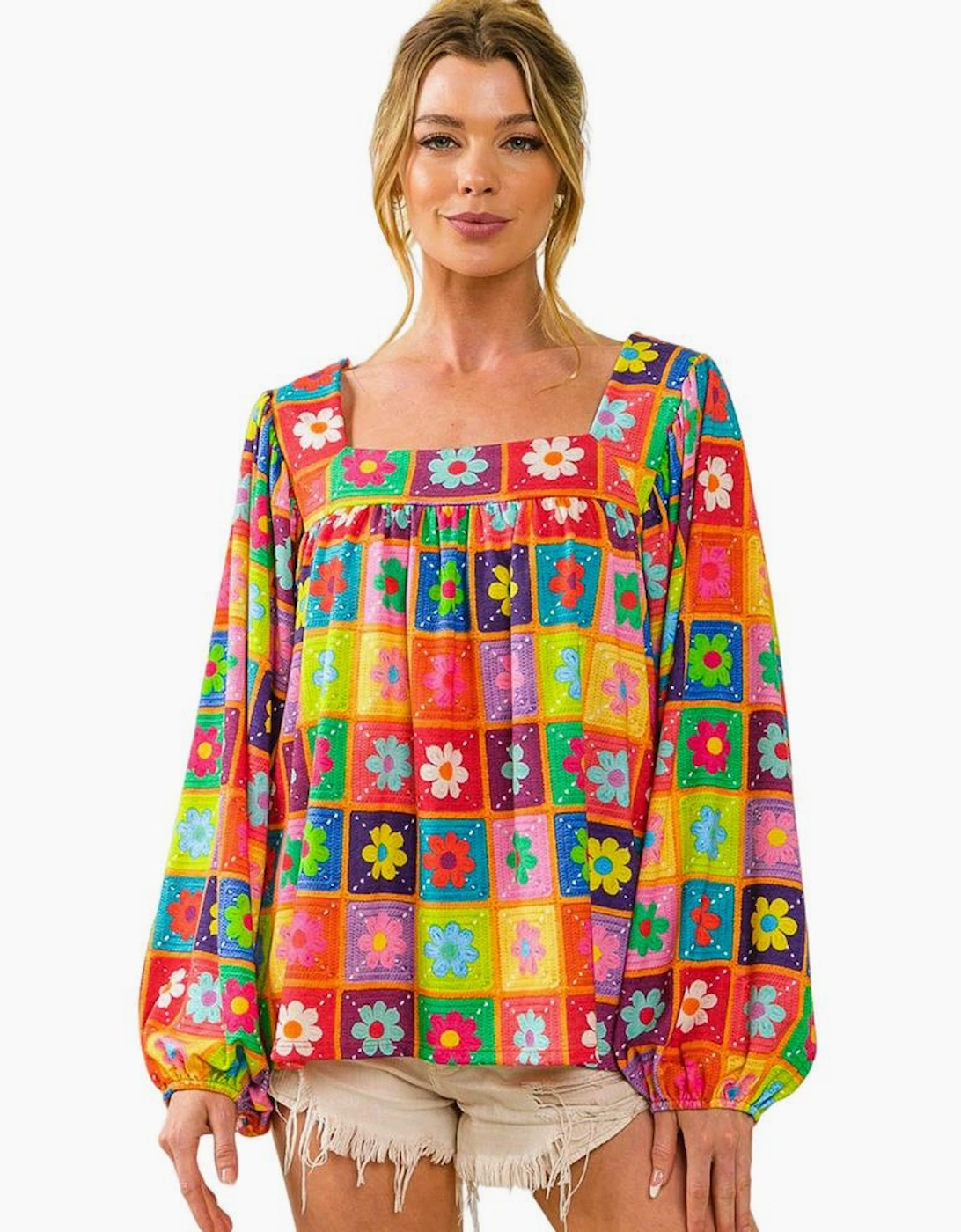 Multicolor Floral Crochet Square Neck Puff Sleeve Blouse