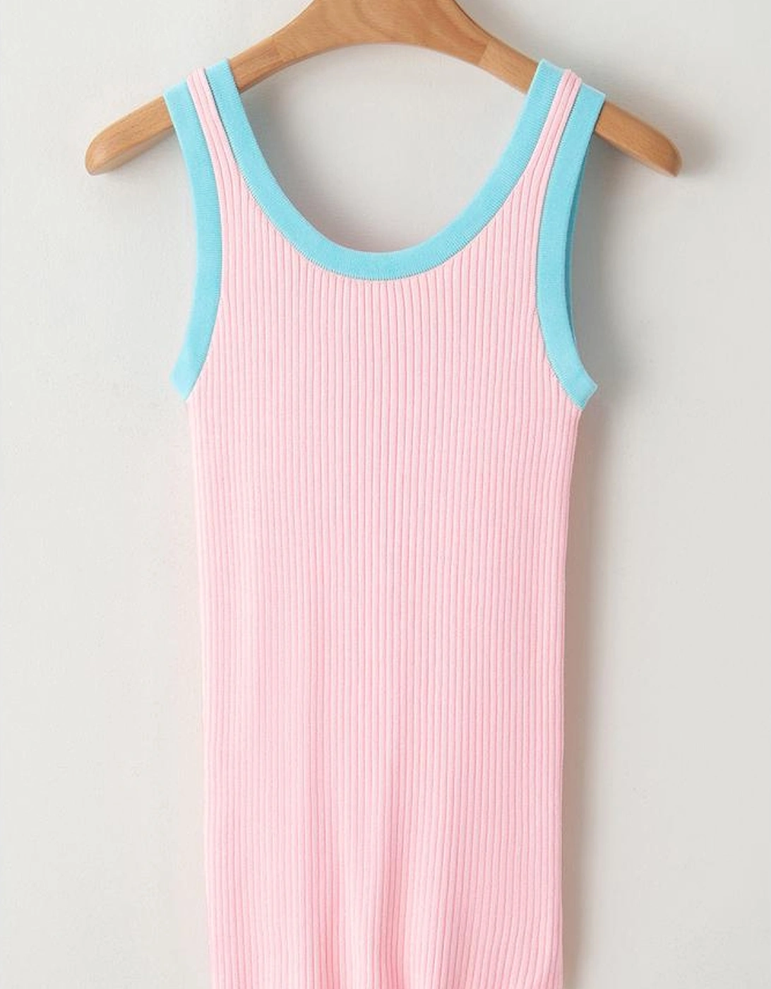 Pink Colorblock Edge Ribbed Knit U Neck Tank Top