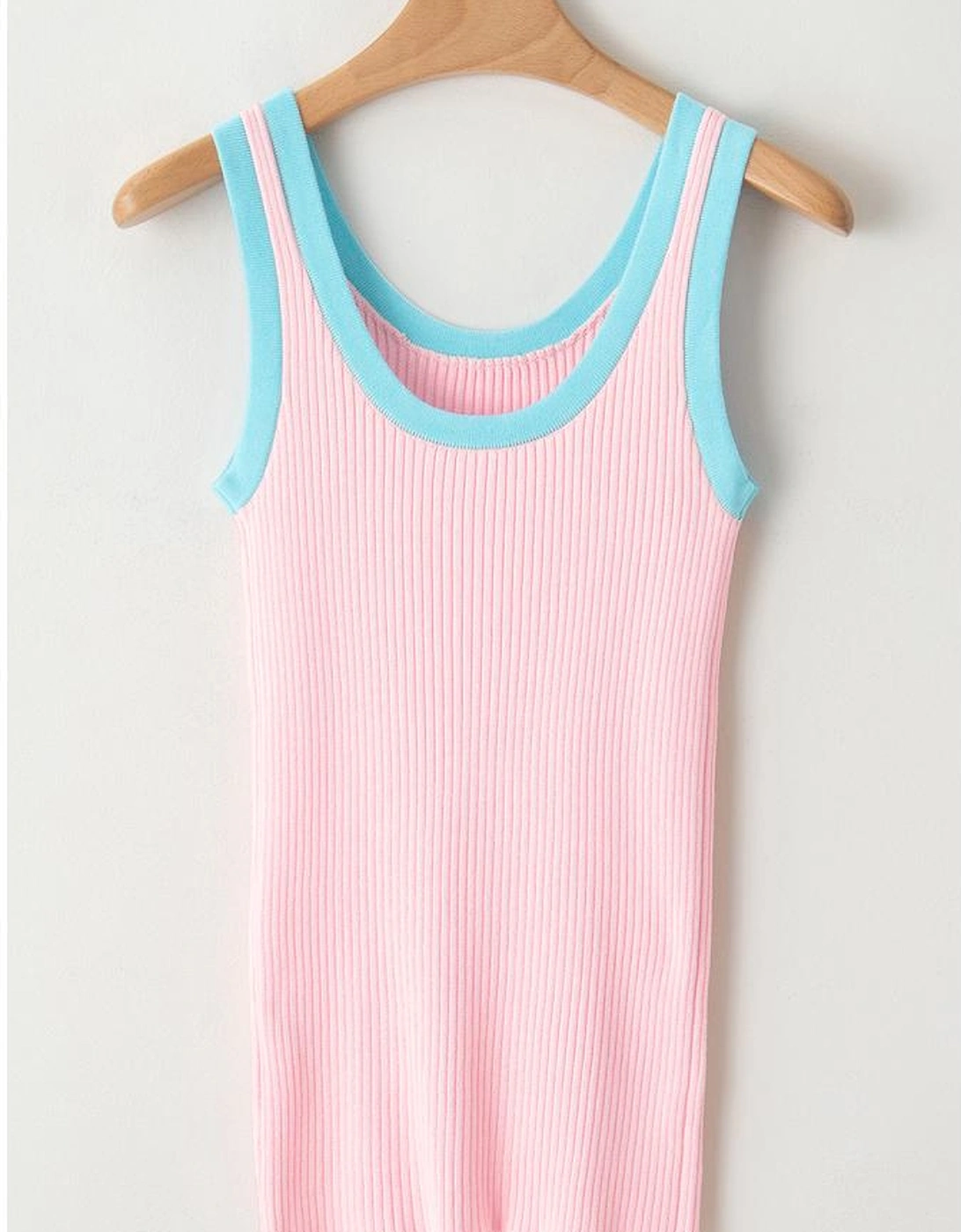 Pink Colorblock Edge Ribbed Knit U Neck Tank Top, 8 of 7