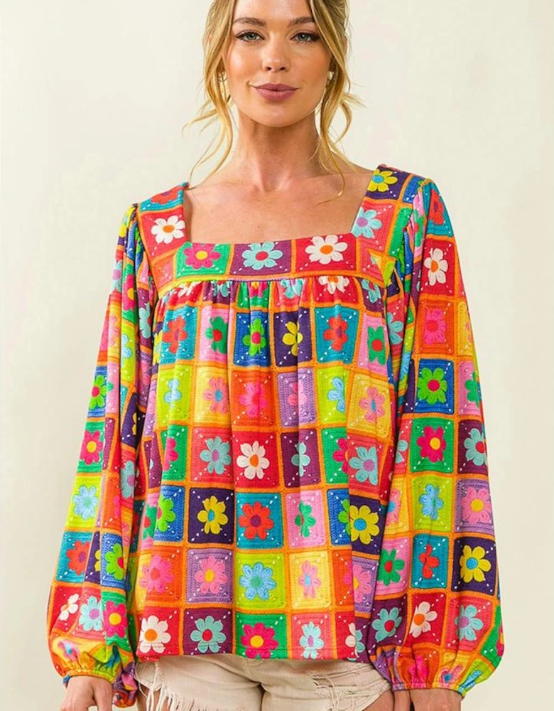 Multicolor Floral Crochet Square Neck Puff Sleeve Blouse