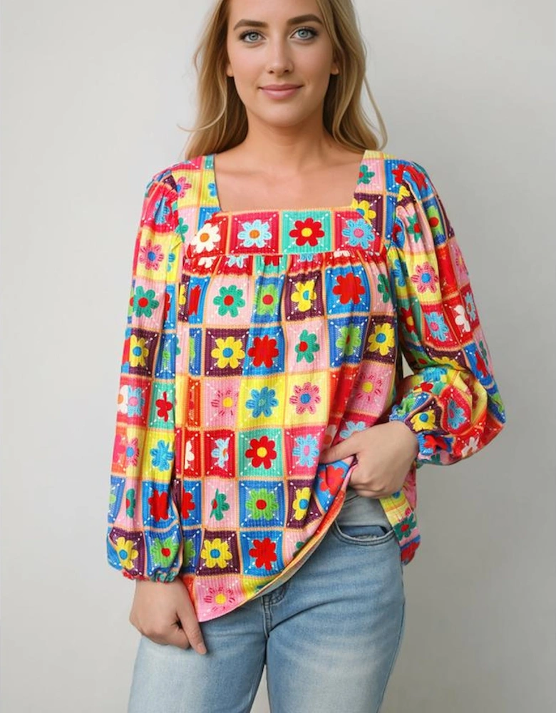 Multicolor Floral Crochet Square Neck Puff Sleeve Blouse