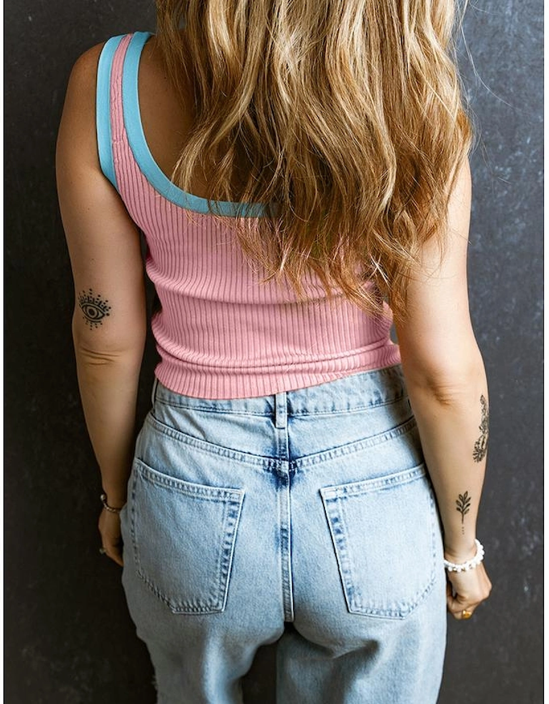 Pink Colorblock Edge Ribbed Knit U Neck Tank Top