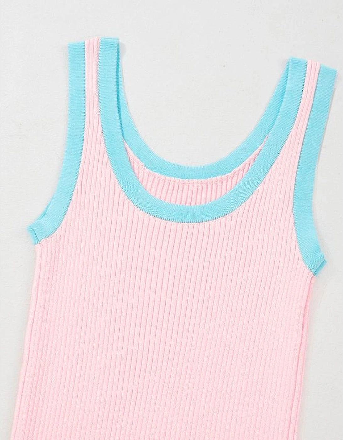 Pink Colorblock Edge Ribbed Knit U Neck Tank Top