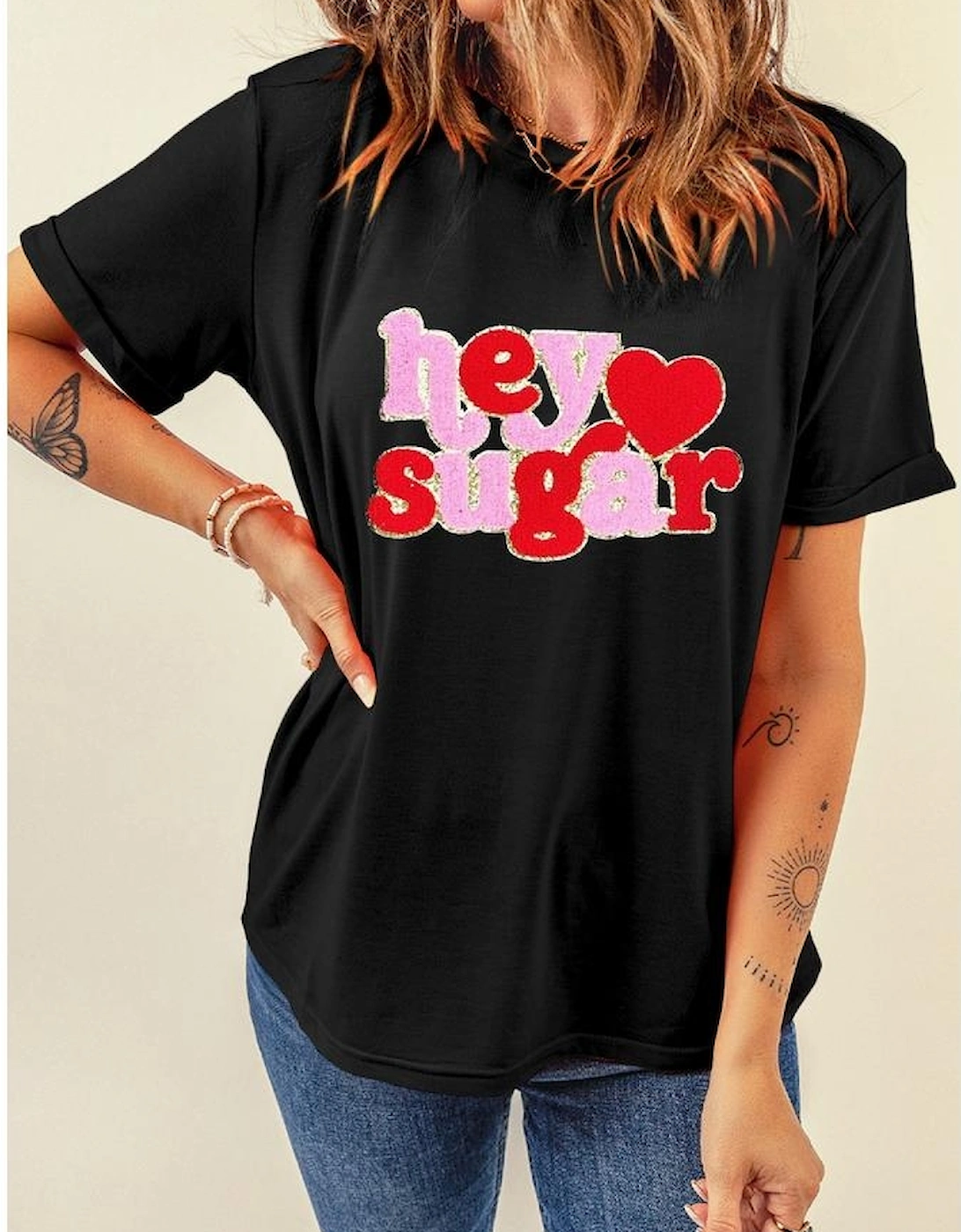 Black Chenille Heart hey sugar Patched Crewneck Valentines Tee, 7 of 6
