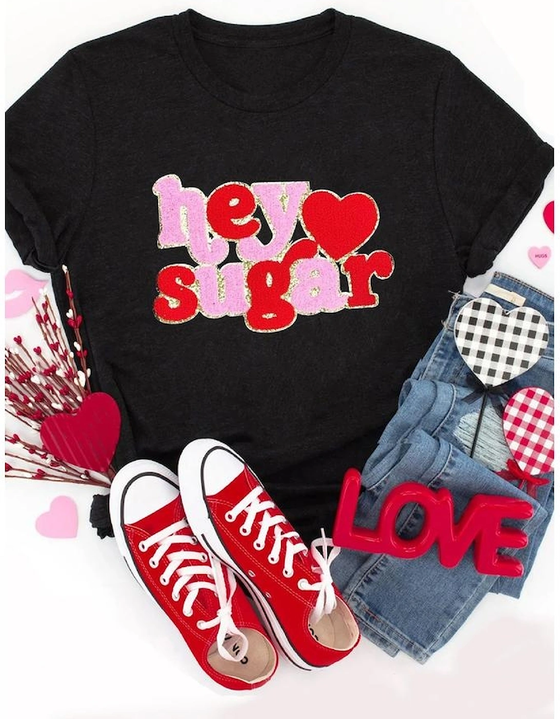 Black Chenille Heart hey sugar Patched Crewneck Valentines Tee