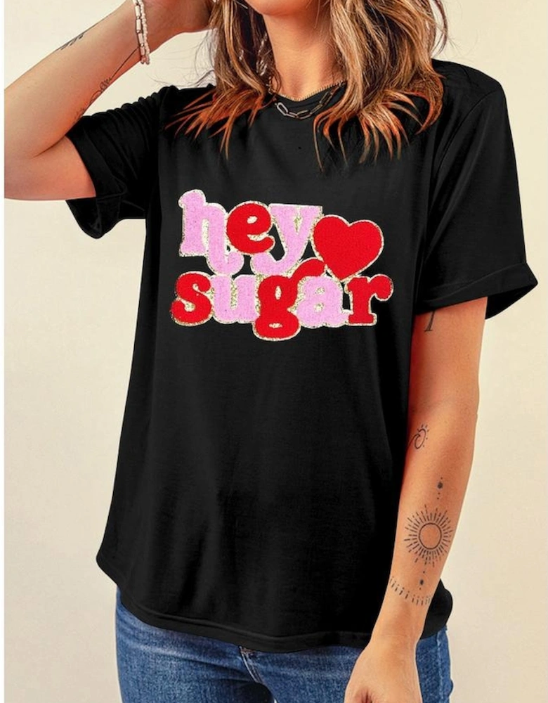 Black Chenille Heart hey sugar Patched Crewneck Valentines Tee