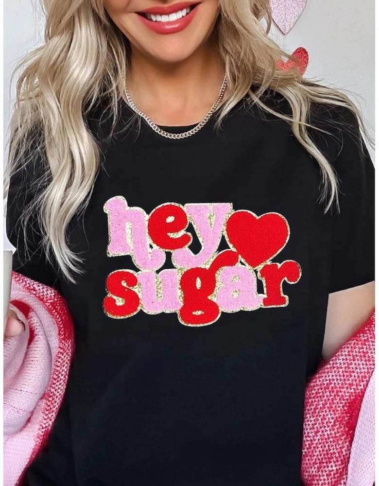 Black Chenille Heart hey sugar Patched Crewneck Valentines Tee
