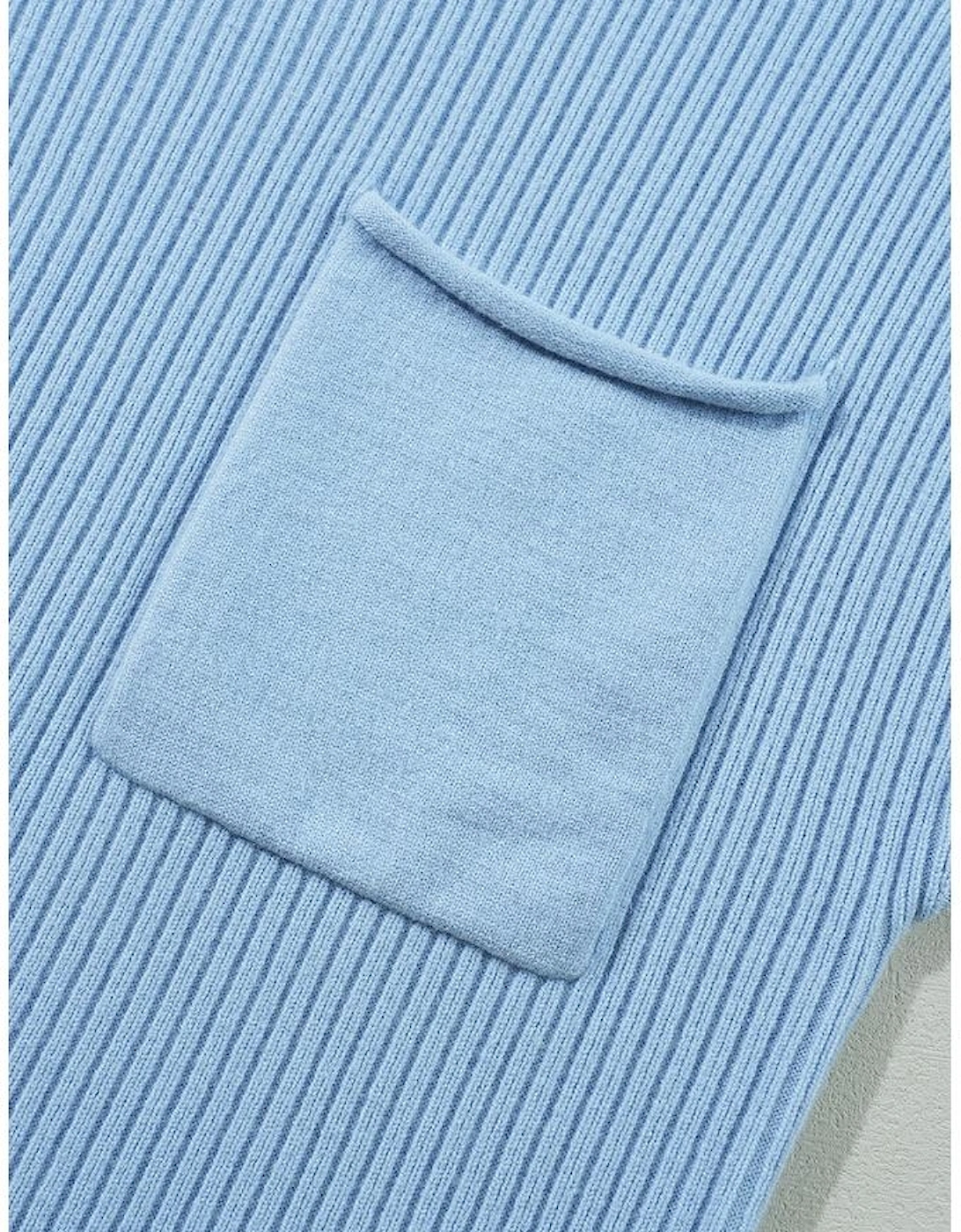 Beau Blue Patch Pocket Ribbed Knit Short Sleeve Sweater