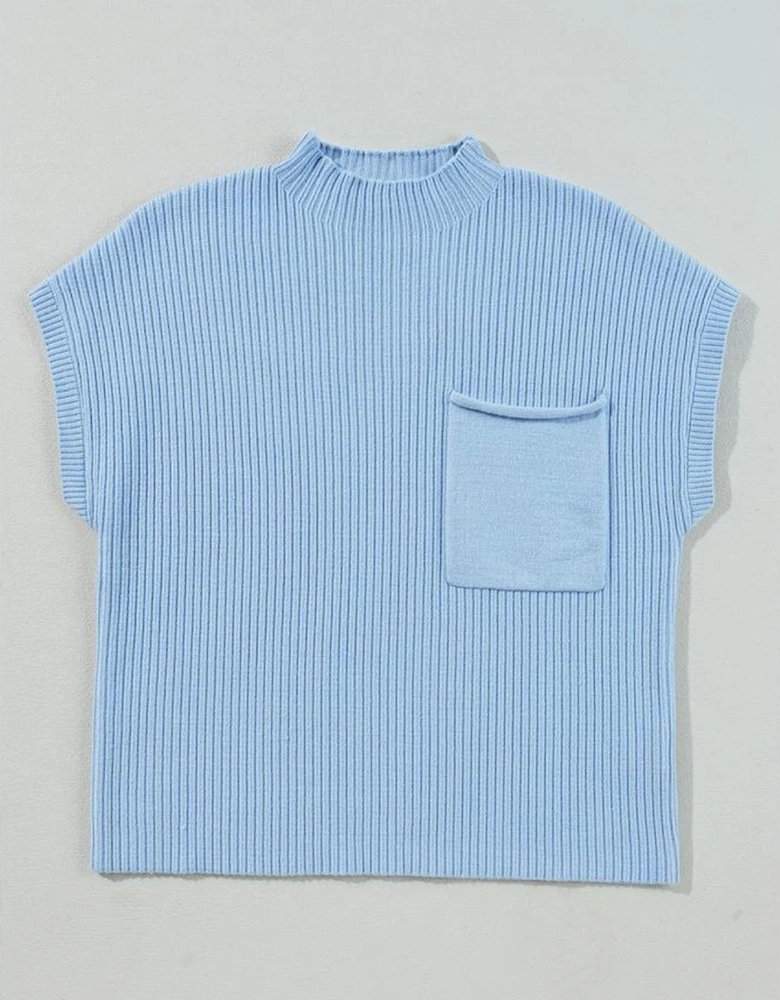 Beau Blue Patch Pocket Ribbed Knit Short Sleeve Sweater