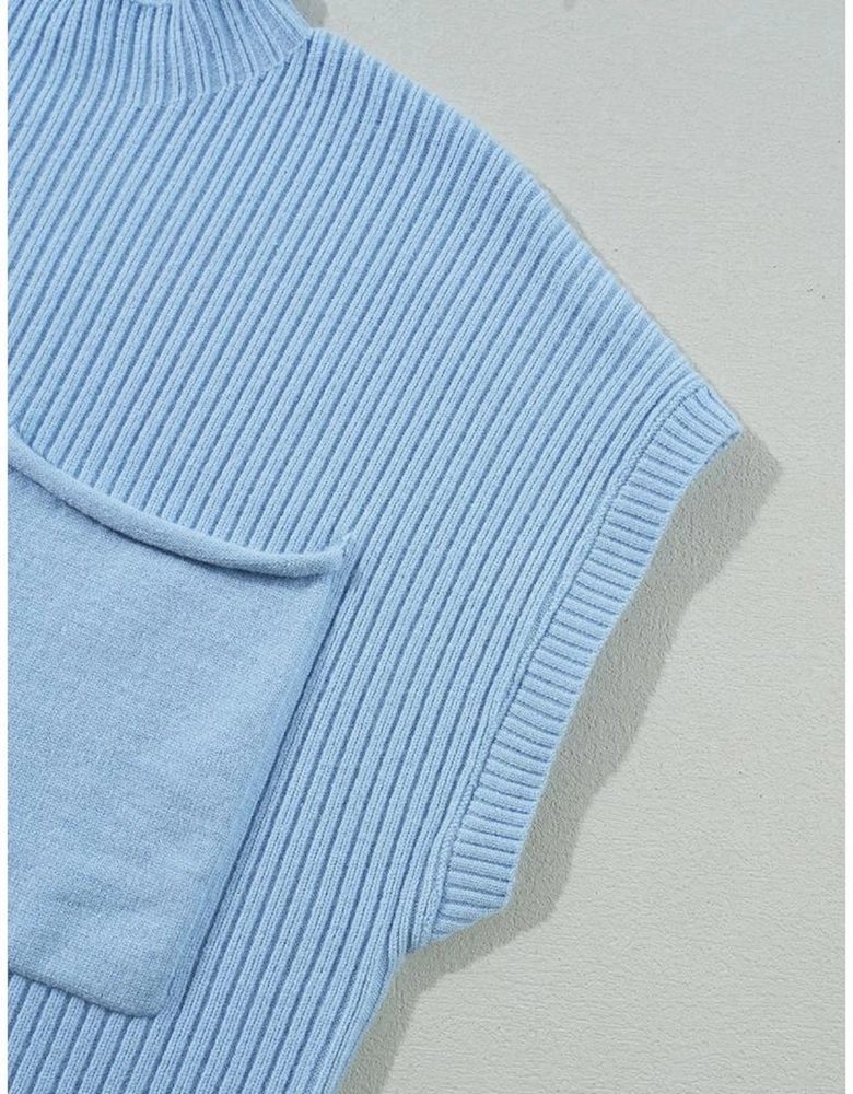 Beau Blue Patch Pocket Ribbed Knit Short Sleeve Sweater