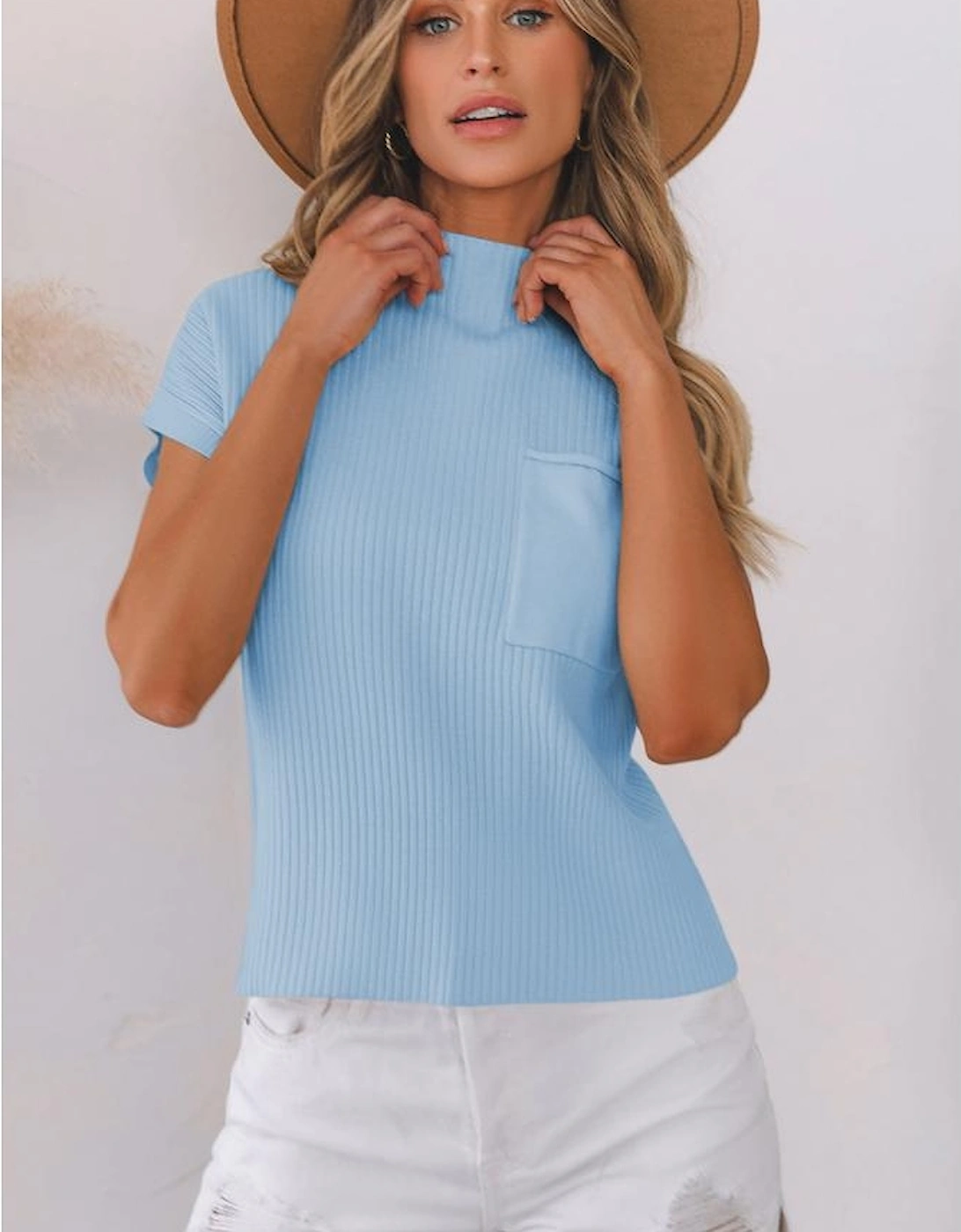 Beau Blue Patch Pocket Ribbed Knit Short Sleeve Sweater