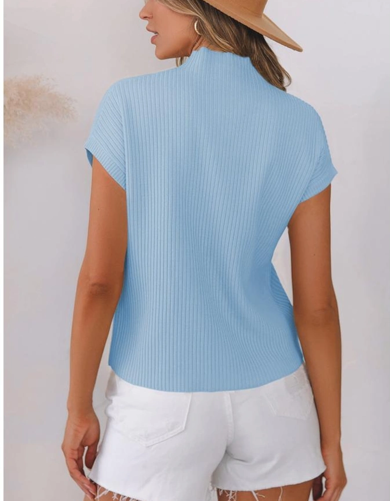 Beau Blue Patch Pocket Ribbed Knit Short Sleeve Sweater