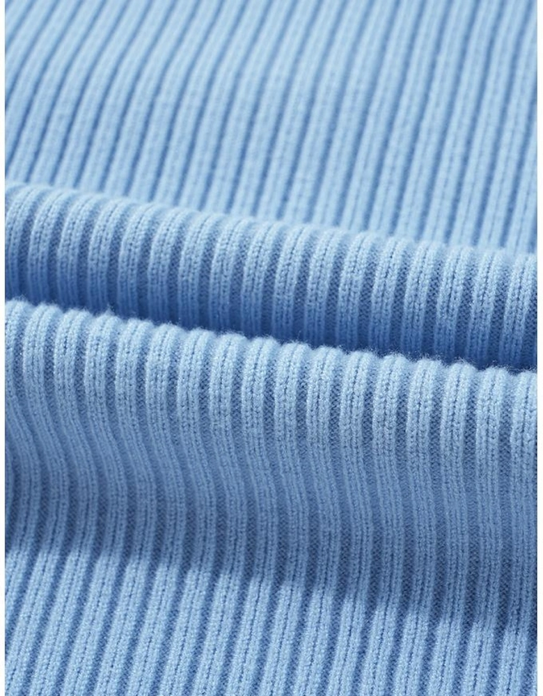 Beau Blue Patch Pocket Ribbed Knit Short Sleeve Sweater