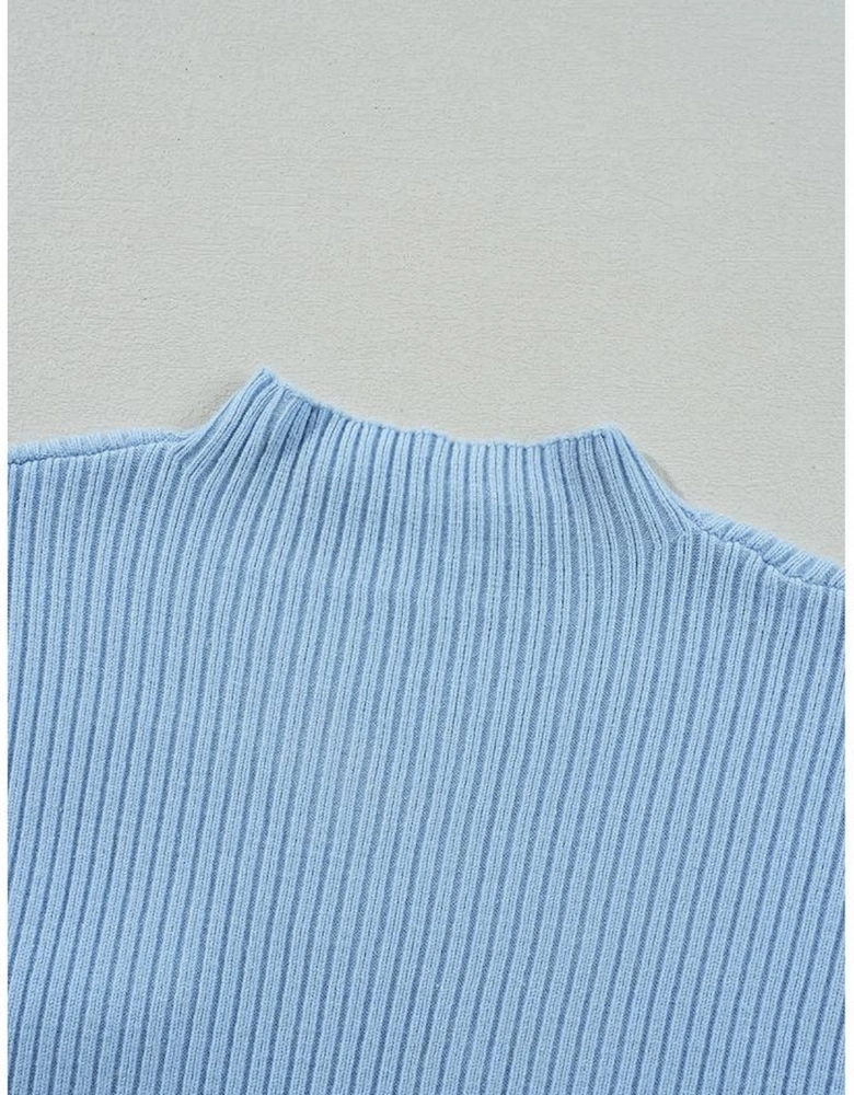 Beau Blue Patch Pocket Ribbed Knit Short Sleeve Sweater