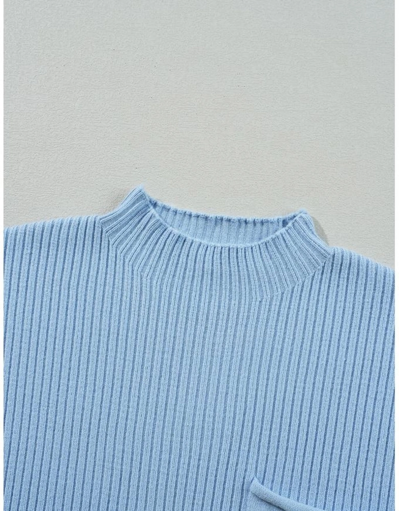 Beau Blue Patch Pocket Ribbed Knit Short Sleeve Sweater