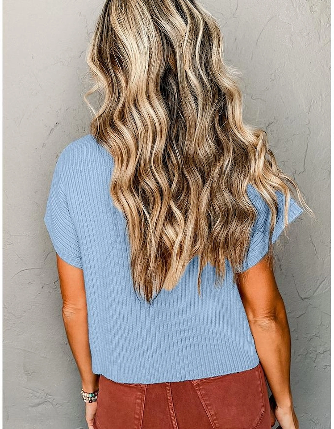 Beau Blue Patch Pocket Ribbed Knit Short Sleeve Sweater