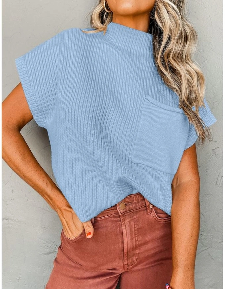 Beau Blue Patch Pocket Ribbed Knit Short Sleeve Sweater