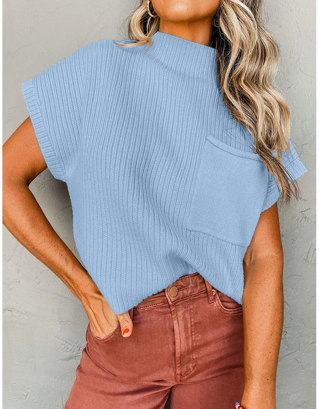 Beau Blue Patch Pocket Ribbed Knit Short Sleeve Sweater