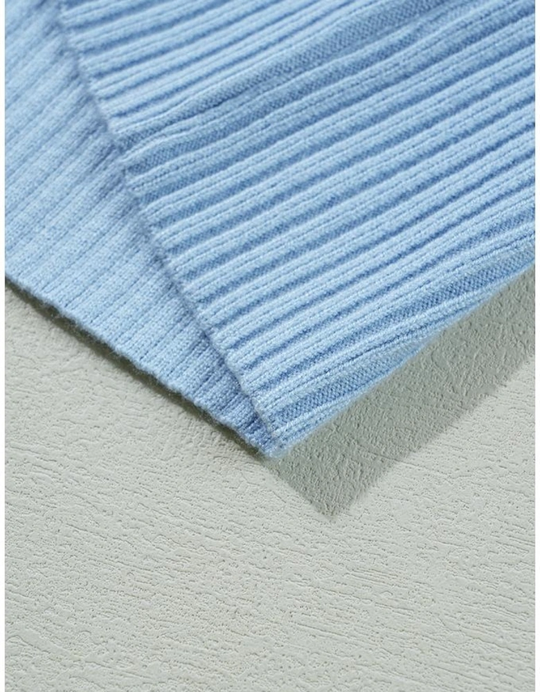 Beau Blue Patch Pocket Ribbed Knit Short Sleeve Sweater