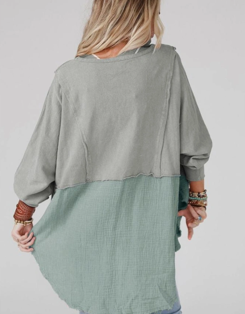 Grey Crinkle Splicing Raw Hem High Low Oversized Blouse