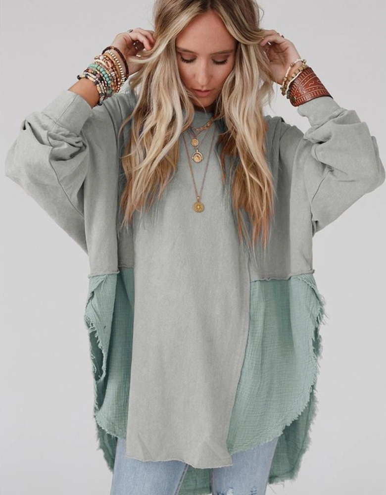 Grey Crinkle Splicing Raw Hem High Low Oversized Blouse