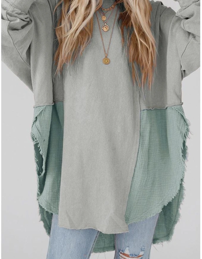 Grey Crinkle Splicing Raw Hem High Low Oversized Blouse