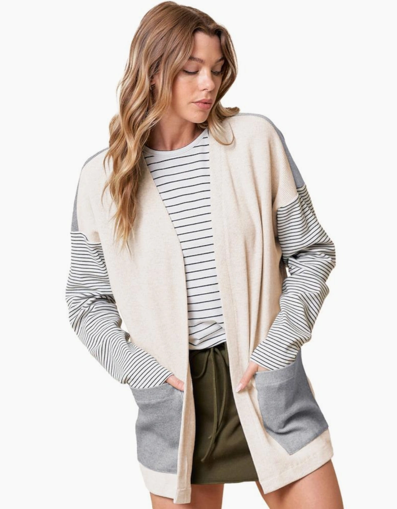 Black Stripe Colorblock Patchwork Open Front Cardigan with Pocket