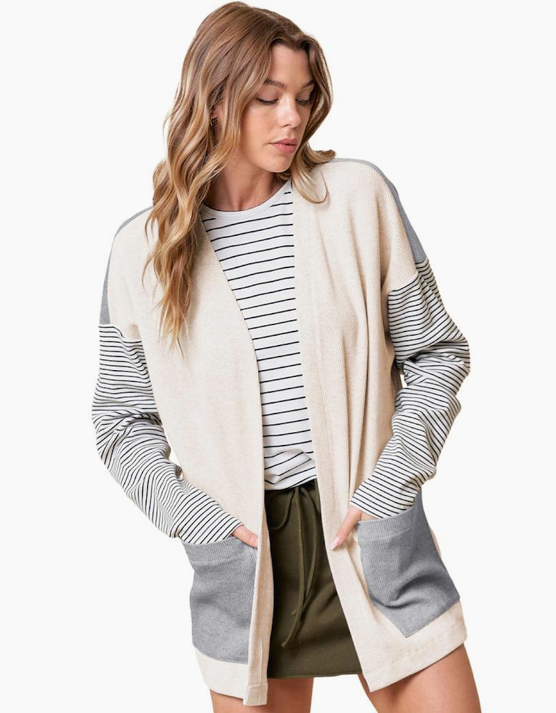 Black Stripe Colorblock Patchwork Open Front Cardigan with Pocket
