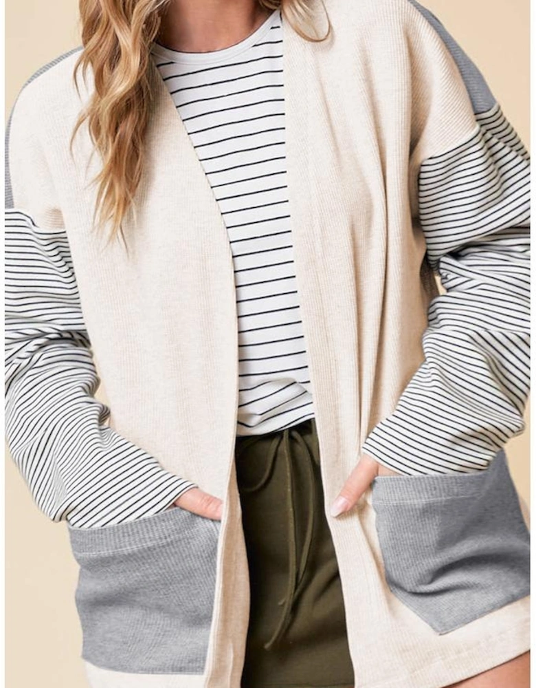 Black Stripe Colorblock Patchwork Open Front Cardigan with Pocket
