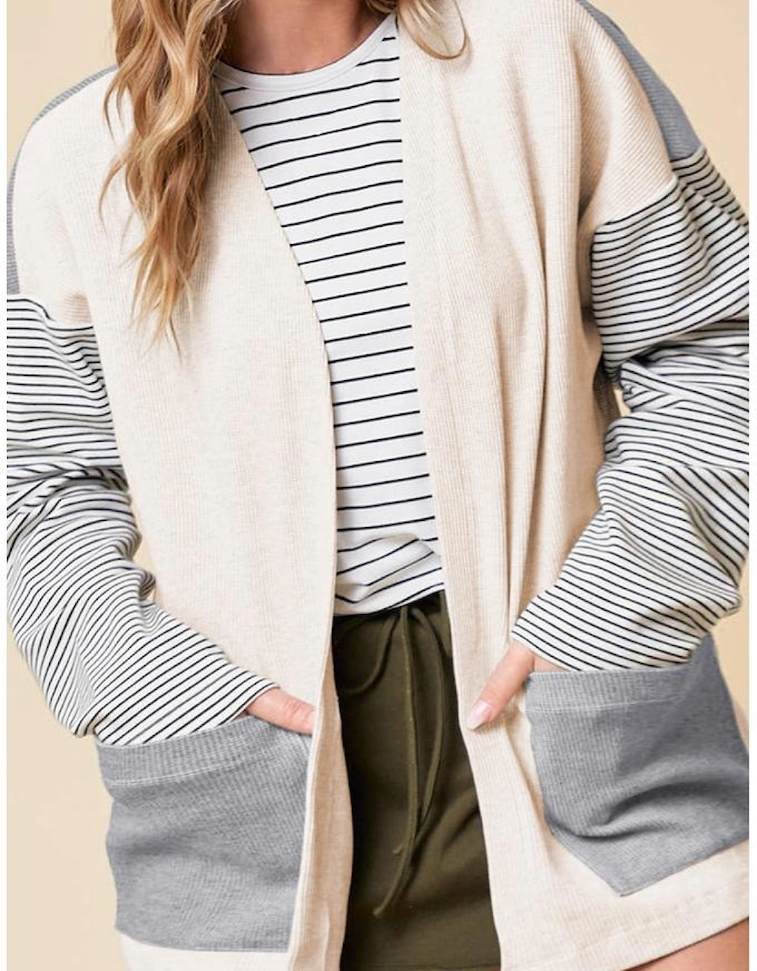 Black Stripe Colorblock Patchwork Open Front Cardigan with Pocket