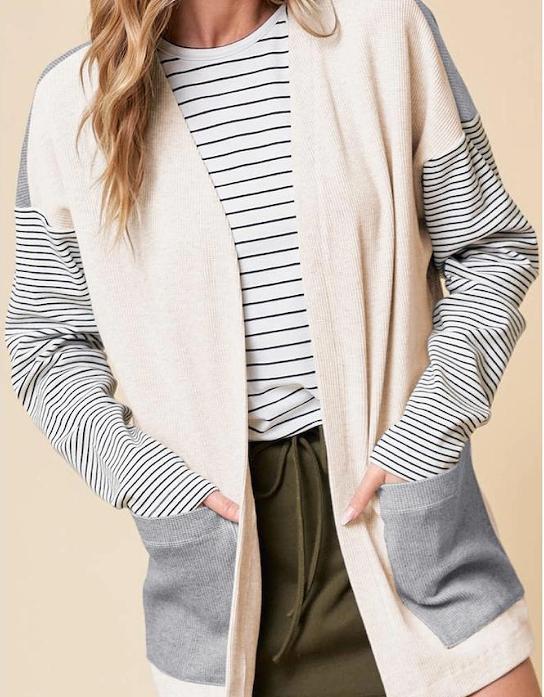 Black Stripe Colorblock Patchwork Open Front Cardigan with Pocket