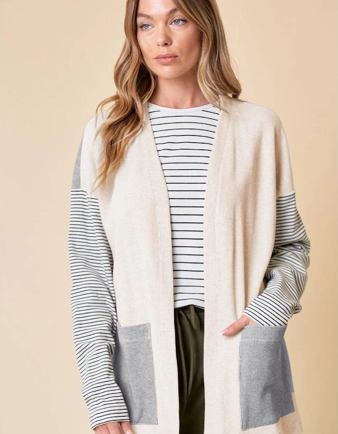 Black Stripe Colorblock Patchwork Open Front Cardigan with Pocket
