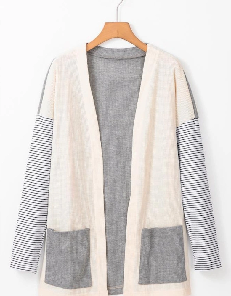 Black Stripe Colorblock Patchwork Open Front Cardigan with Pocket