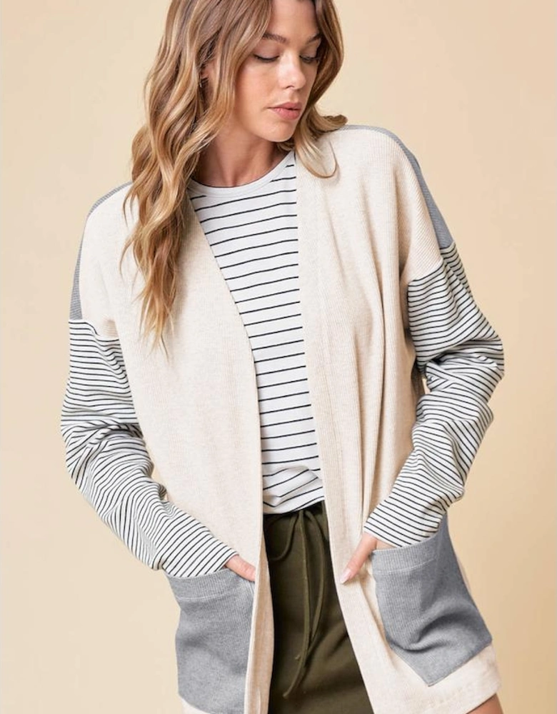 Black Stripe Colorblock Patchwork Open Front Cardigan with Pocket