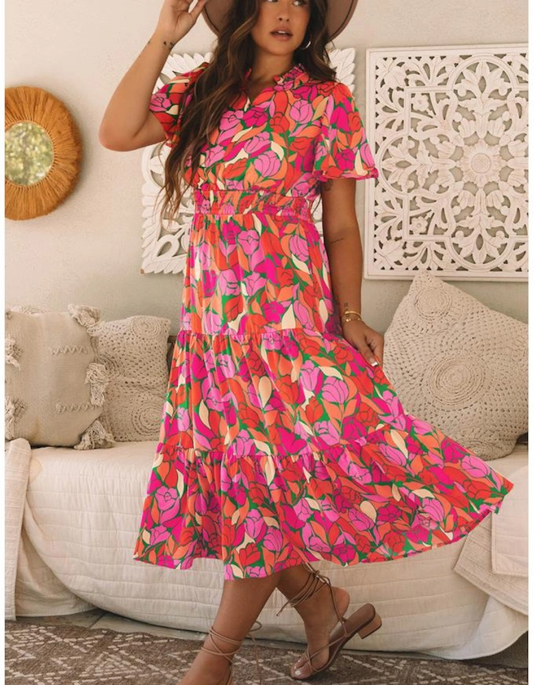 Rose Floral Short Sleeve Smocked Waist Maxi dress