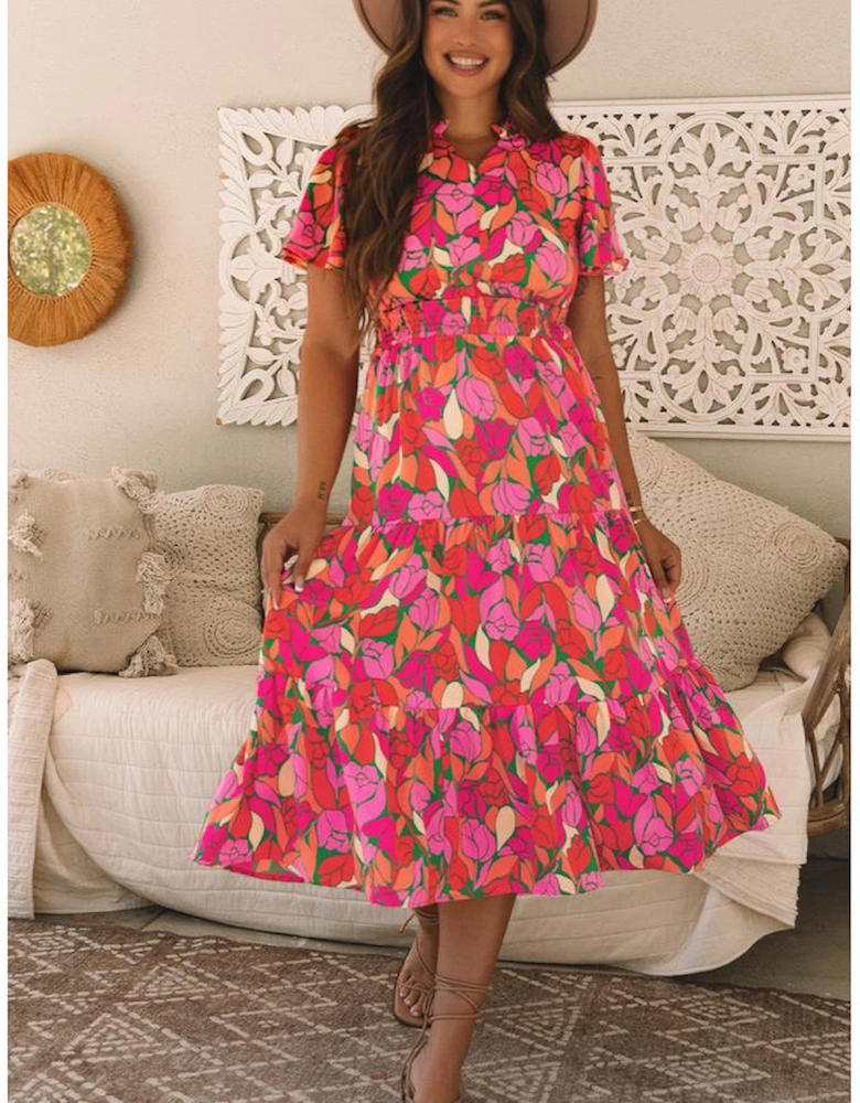 Rose Floral Short Sleeve Smocked Waist Maxi dress