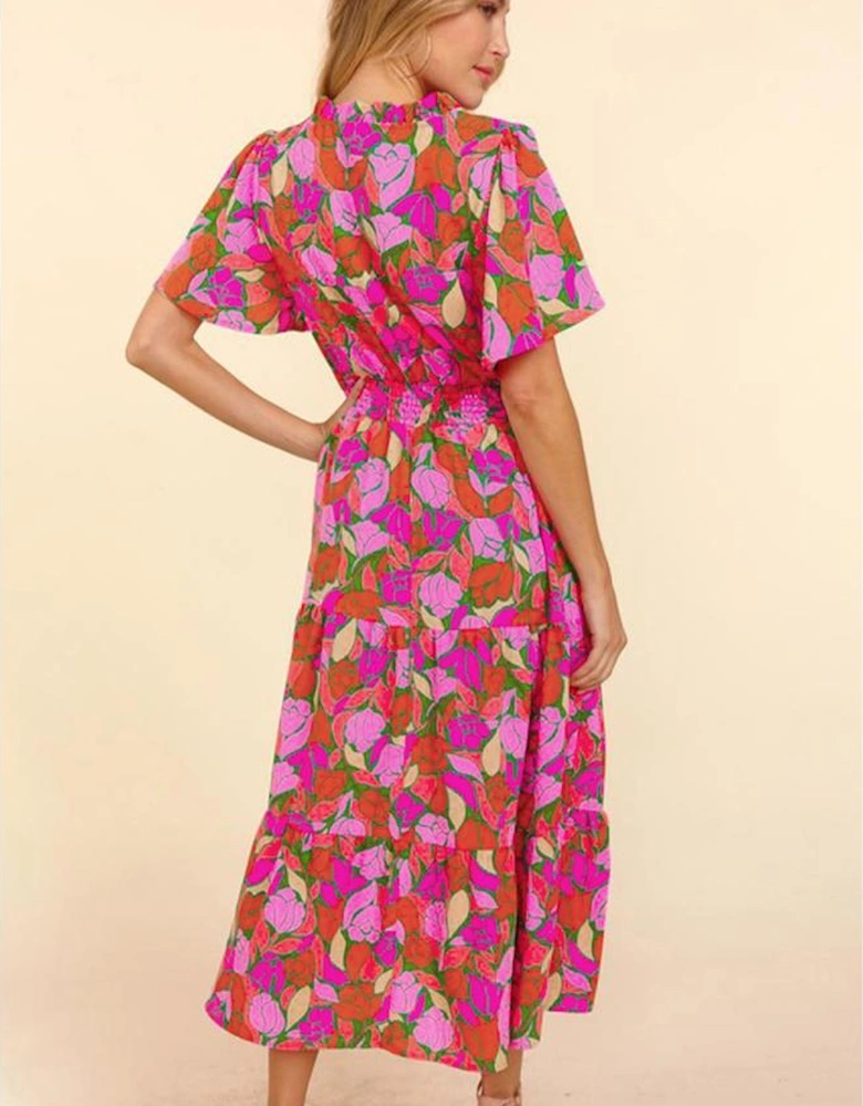 Rose Floral Short Sleeve Smocked Waist Maxi dress