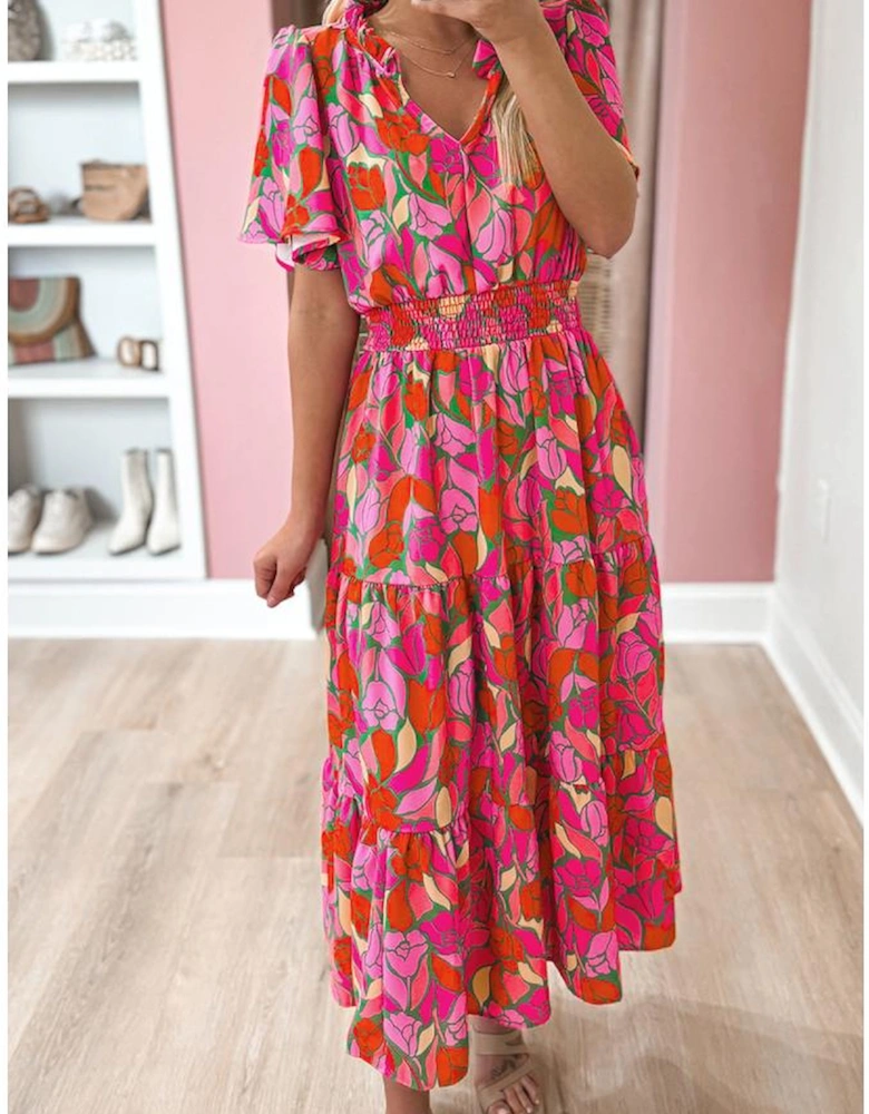 Rose Floral Short Sleeve Smocked Waist Maxi dress