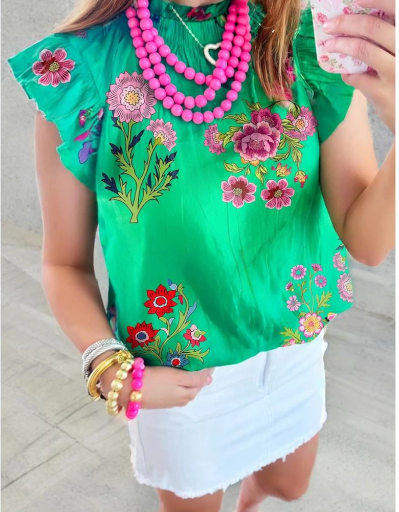 Green Floral Print Flutter Sleeve Frilly Neck Blouse
